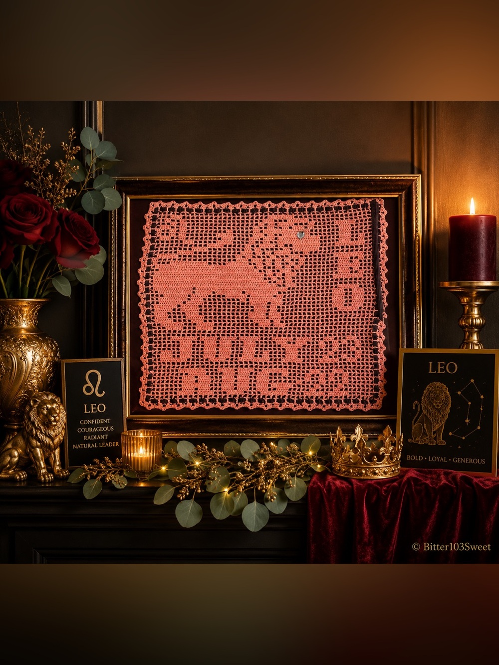Leo Zodiac Crochet Wall Art – Framed Vintage Fiber Art | August Birthday Gift